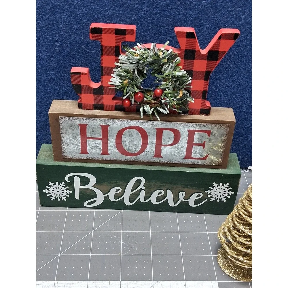 Christmas Decor Bundle Joy Hope Believe Sign Glitter Wire and Acrylic Trees